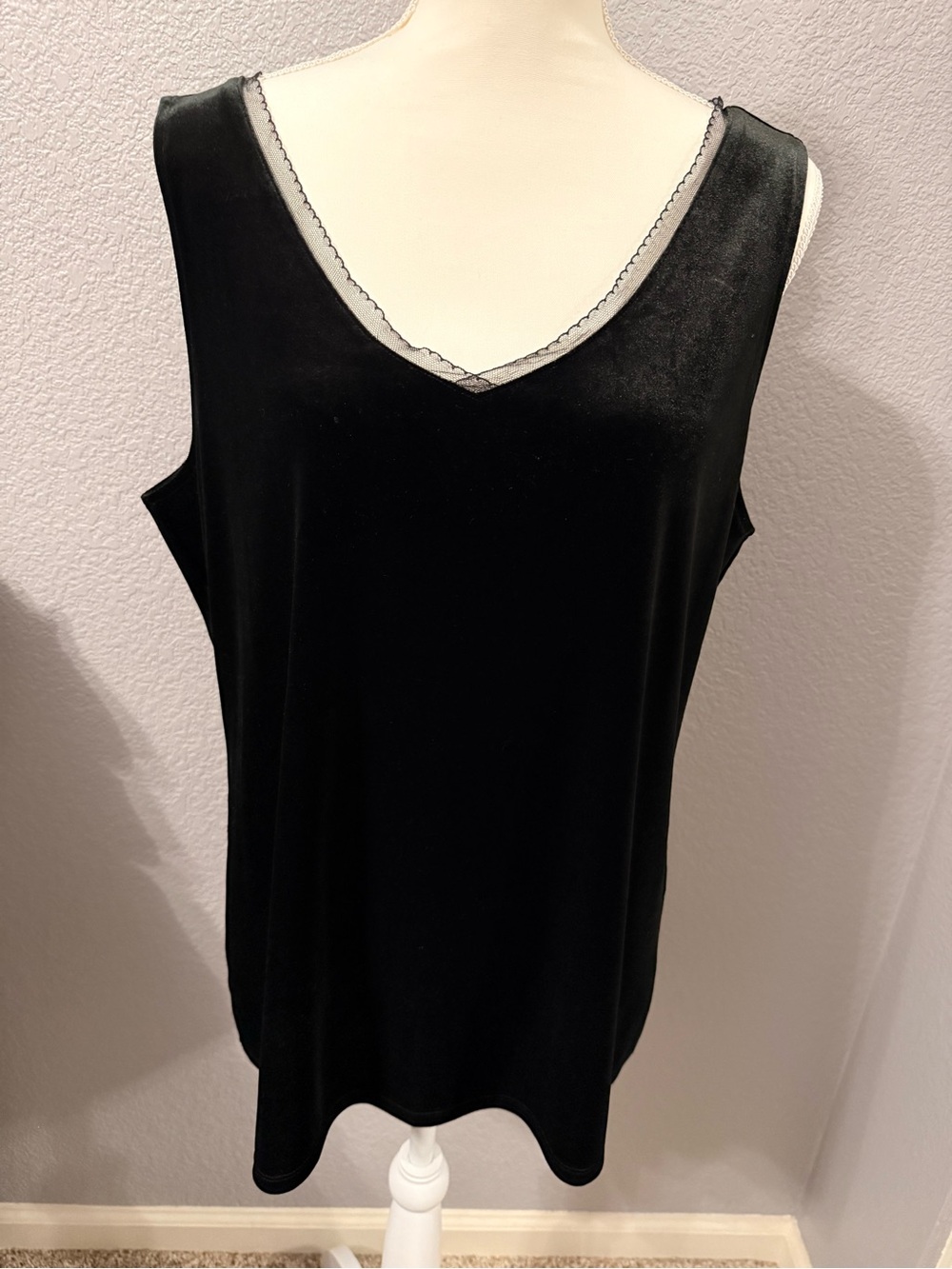 Ann Taylor Black Velvet V-Neck Tank with lace trim